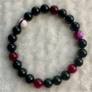Black Onyx and Rose Agate Beaded Crystal Gem Stretch Bracelet/ Anklet 3”
